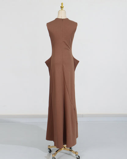 Coffee Draped Sleeveless Maxi Dress