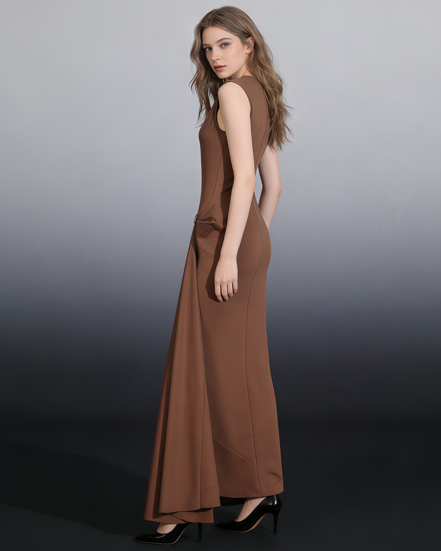 Coffee Draped Sleeveless Maxi Dress