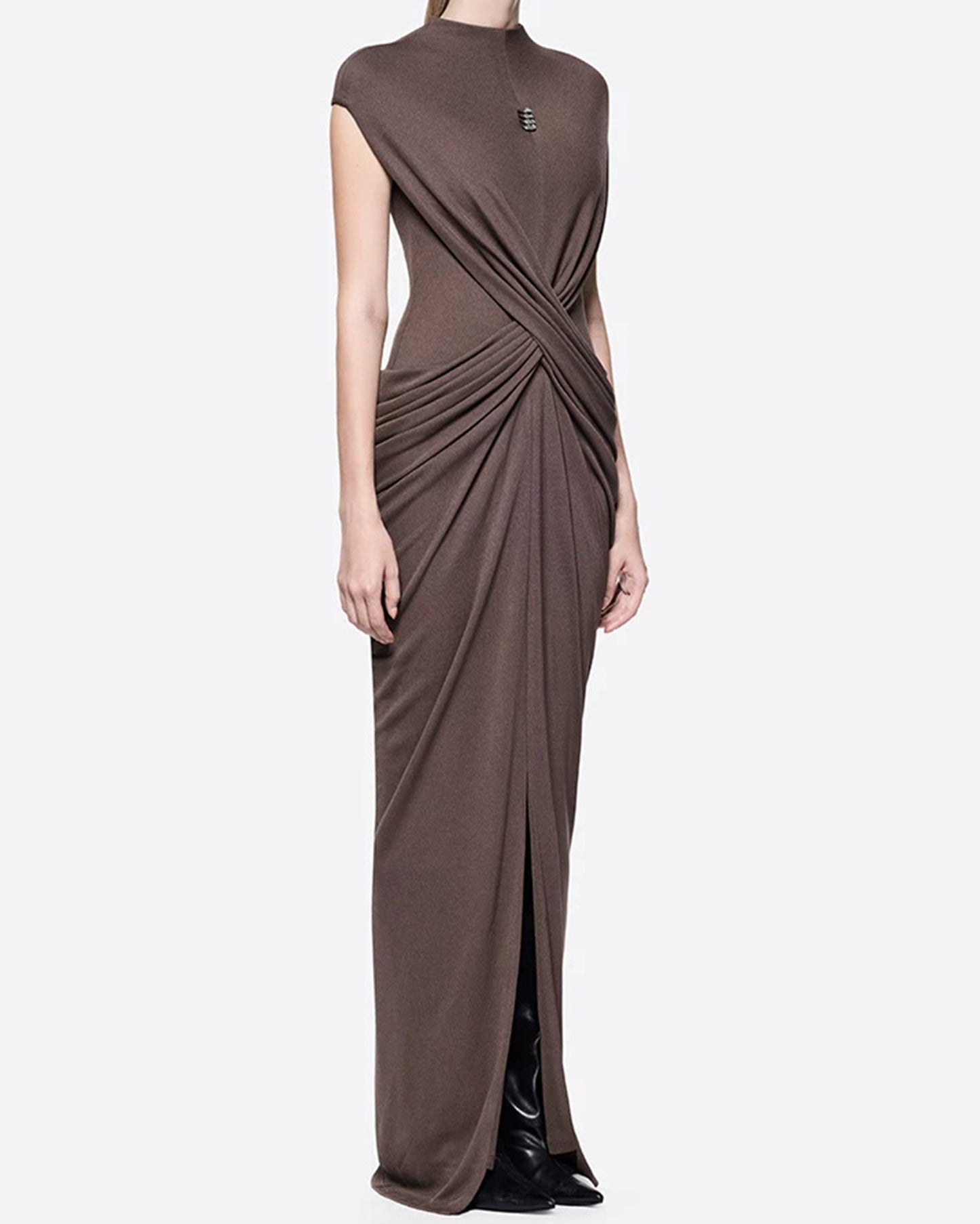 Coffee Draped Stand Collar Sleeveless Maxi Dress
