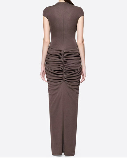 Coffee Draped Stand Collar Sleeveless Maxi Dress