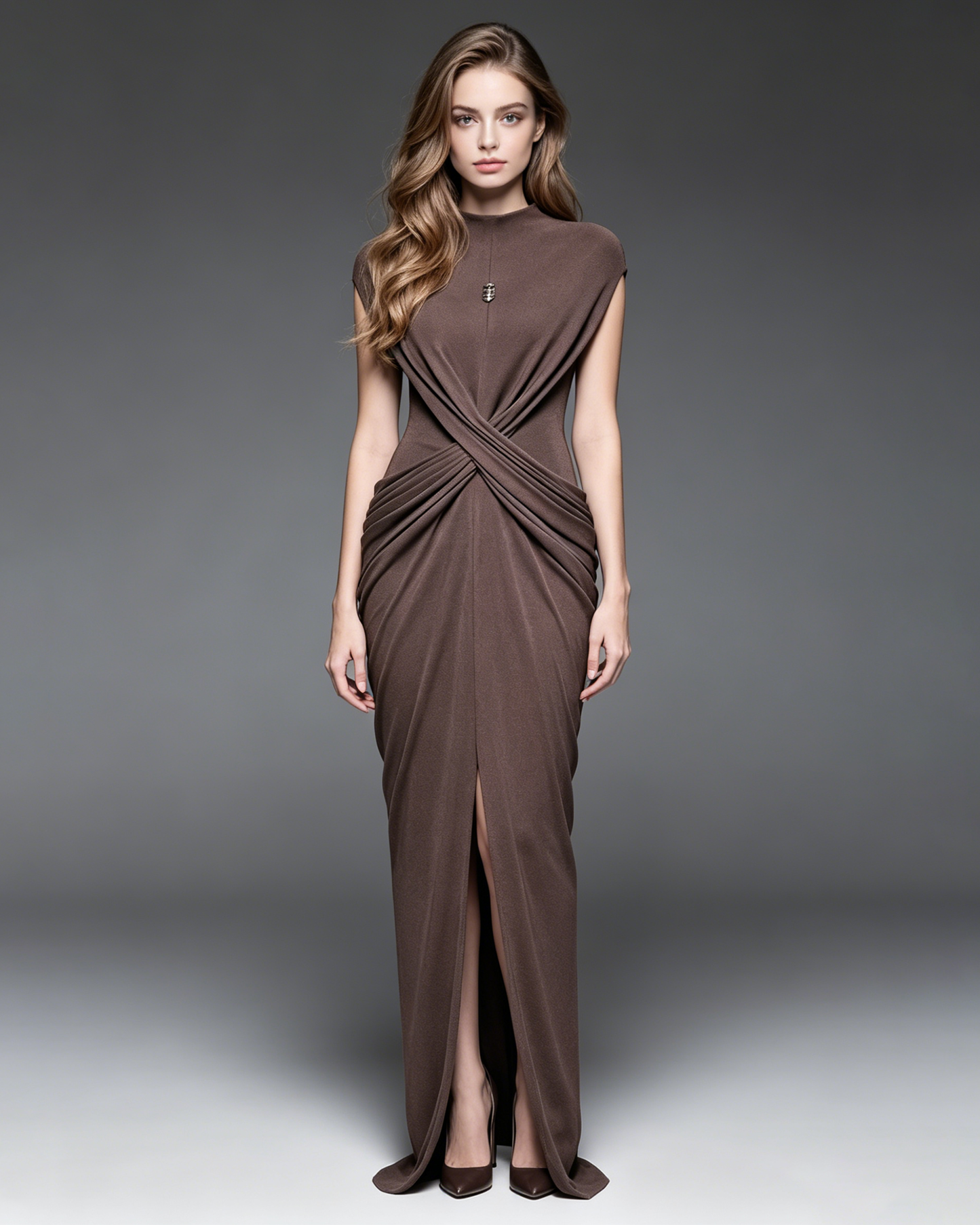 Coffee Draped Stand Collar Sleeveless Maxi Dress