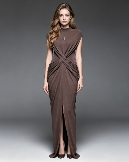 Coffee Draped Stand Collar Sleeveless Maxi Dress