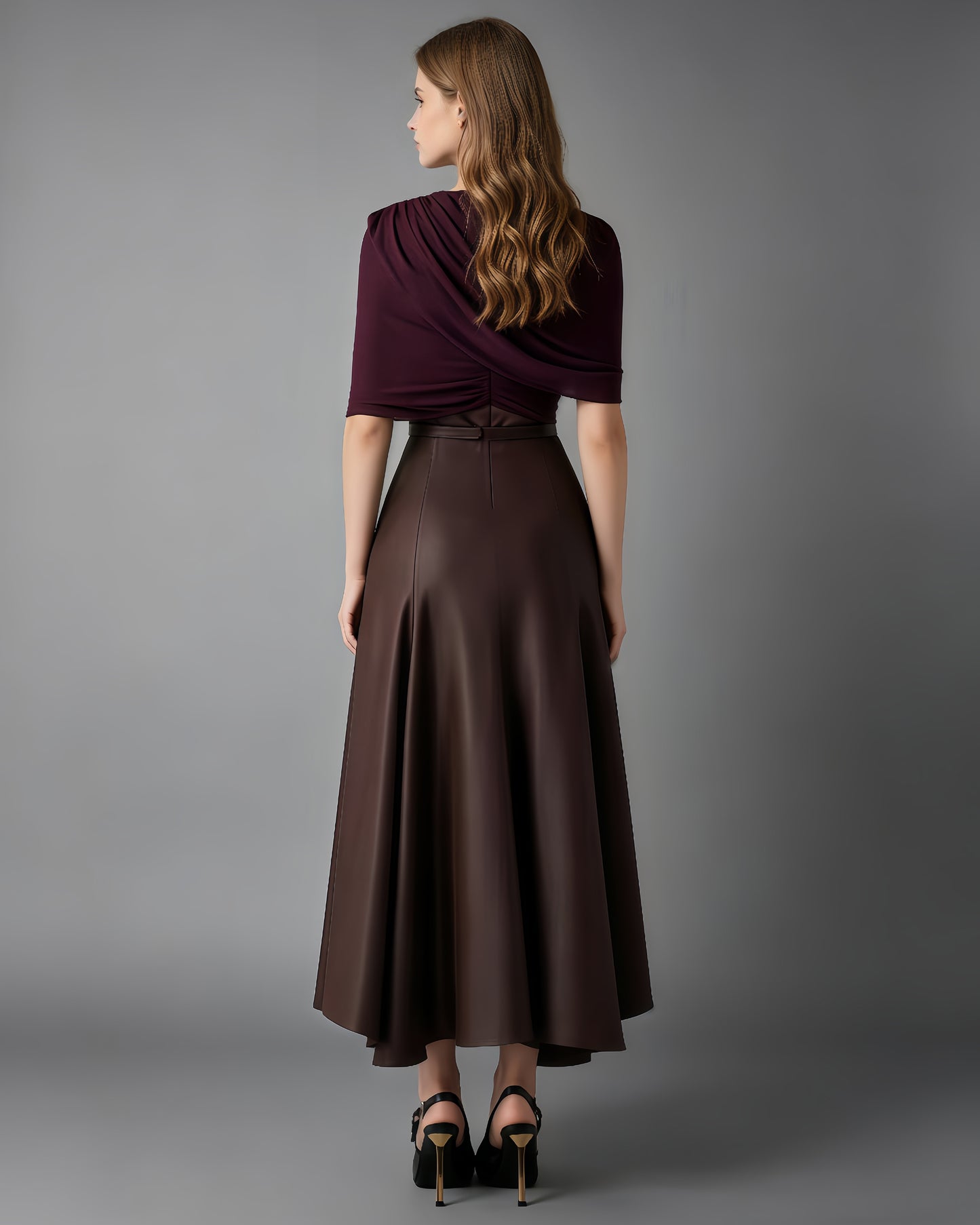 Coffee Draped Two-Tone Midi Dress