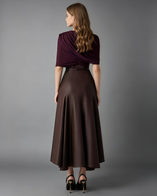 Coffee Draped Two-Tone Midi Dress