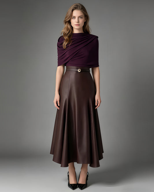 Coffee Draped Two-Tone Midi Dress