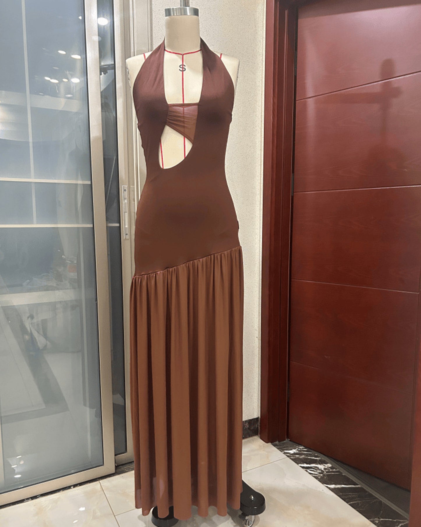 Coffee Halter Cutout Asymmetric Hem Maxi Dress