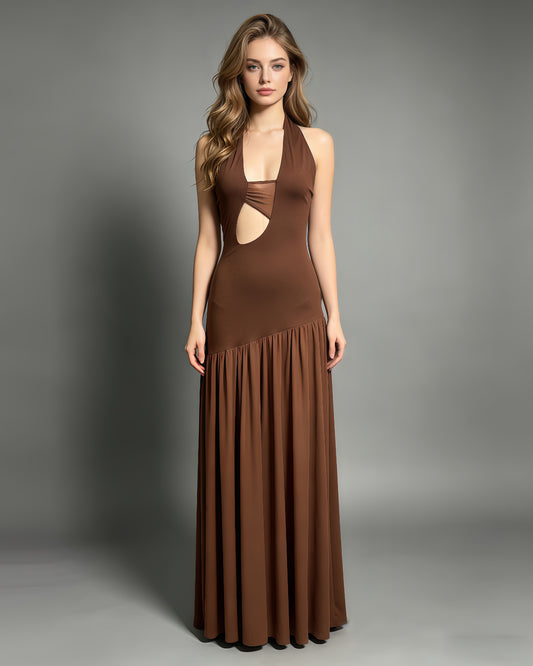 Coffee Halter Cutout Asymmetric Hem Maxi Dress