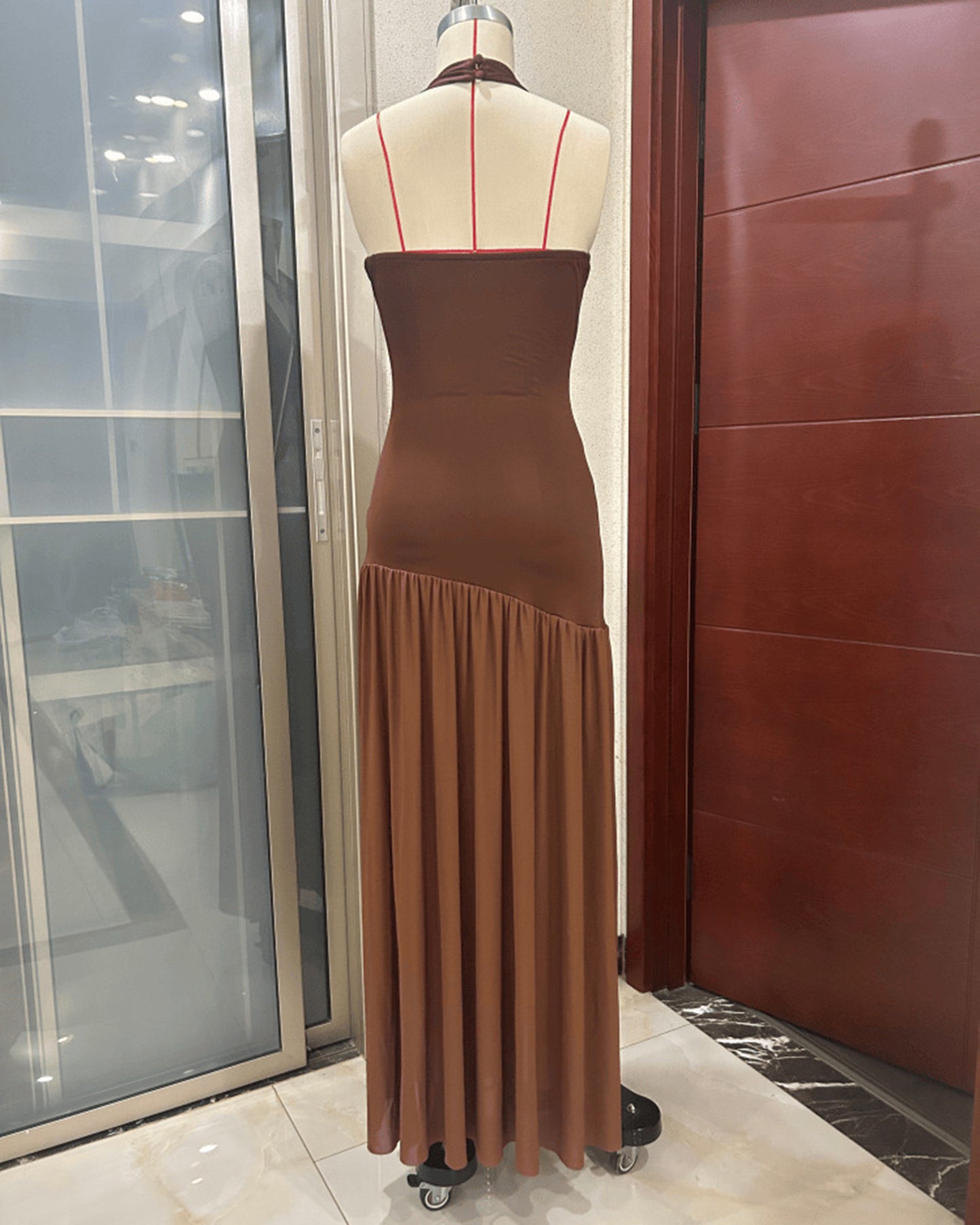 Coffee Halter Cutout Asymmetric Hem Maxi Dress