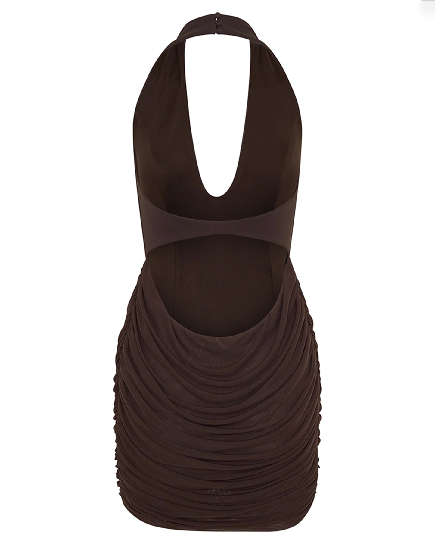 Coffee Halter Neck Ruched Mesh Mini Dress