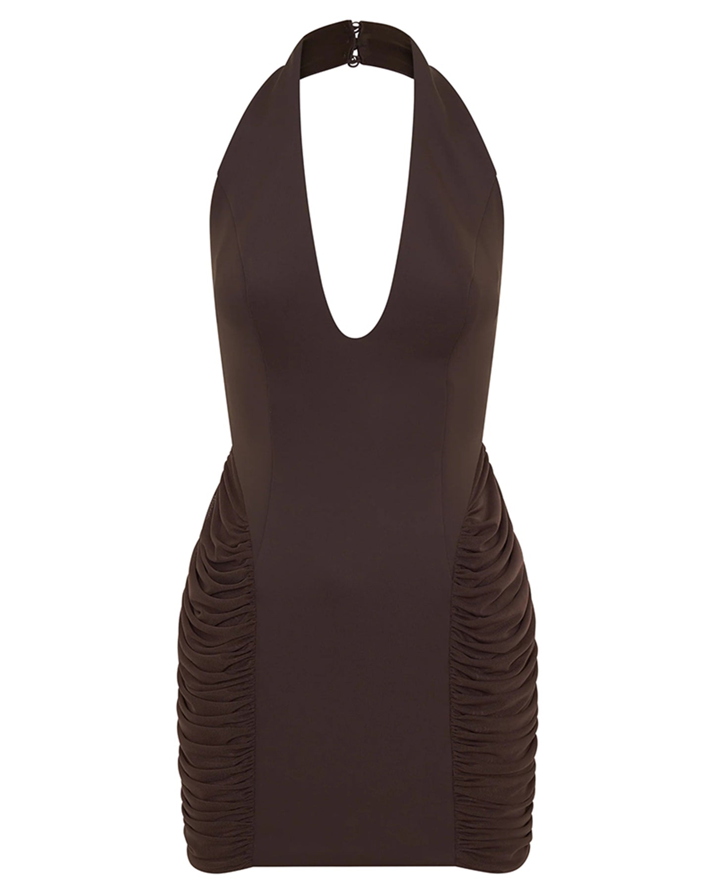 Coffee Halter Neck Ruched Mesh Mini Dress