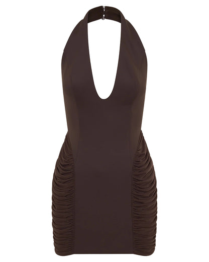 Coffee Halter Neck Ruched Mesh Mini Dress