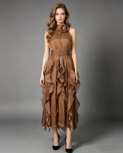 Coffee Halter Neck Ruffle Midi Dress