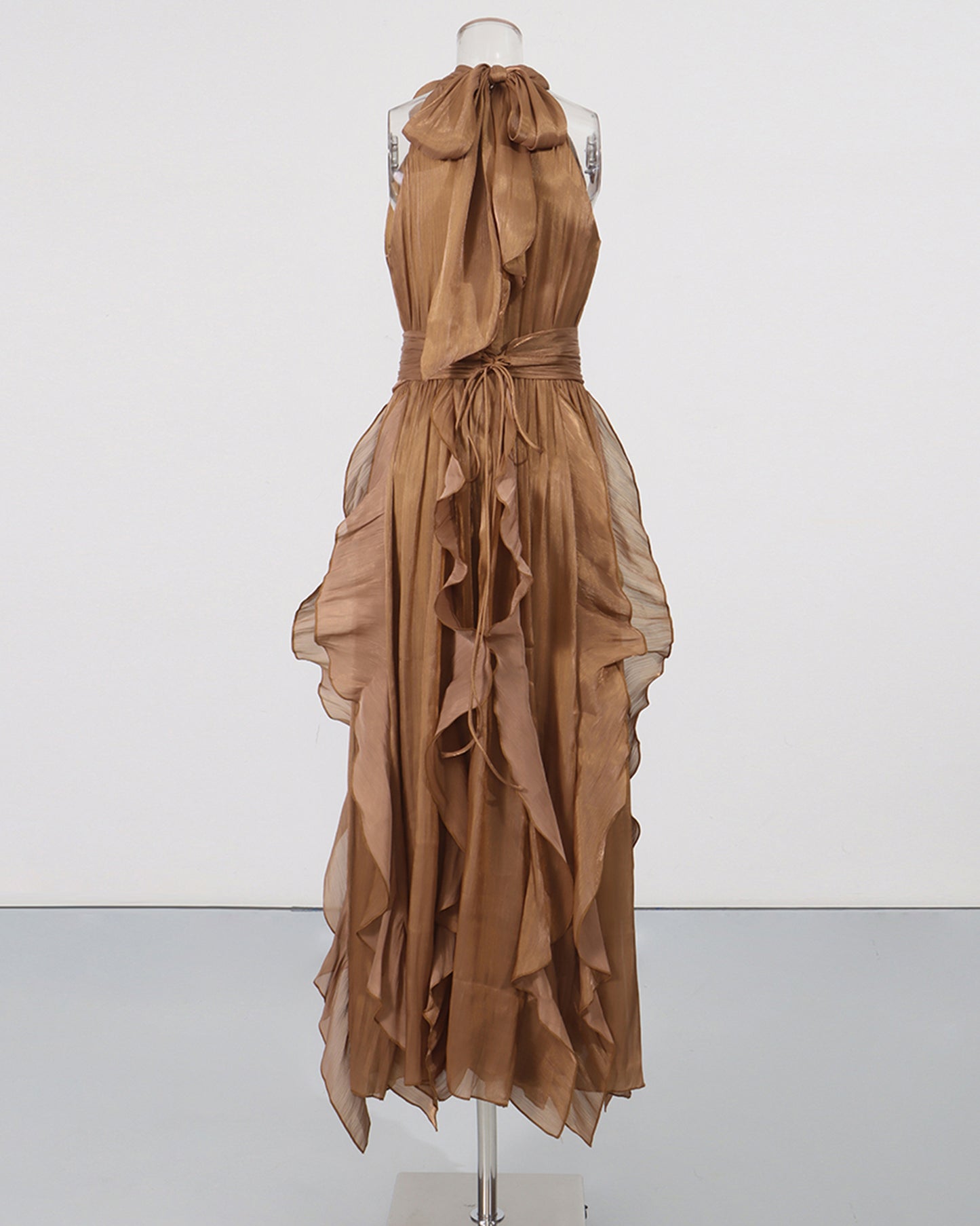 Coffee Halter Neck Ruffle Midi Dress