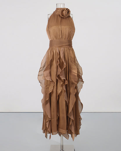 Coffee Halter Neck Ruffle Midi Dress