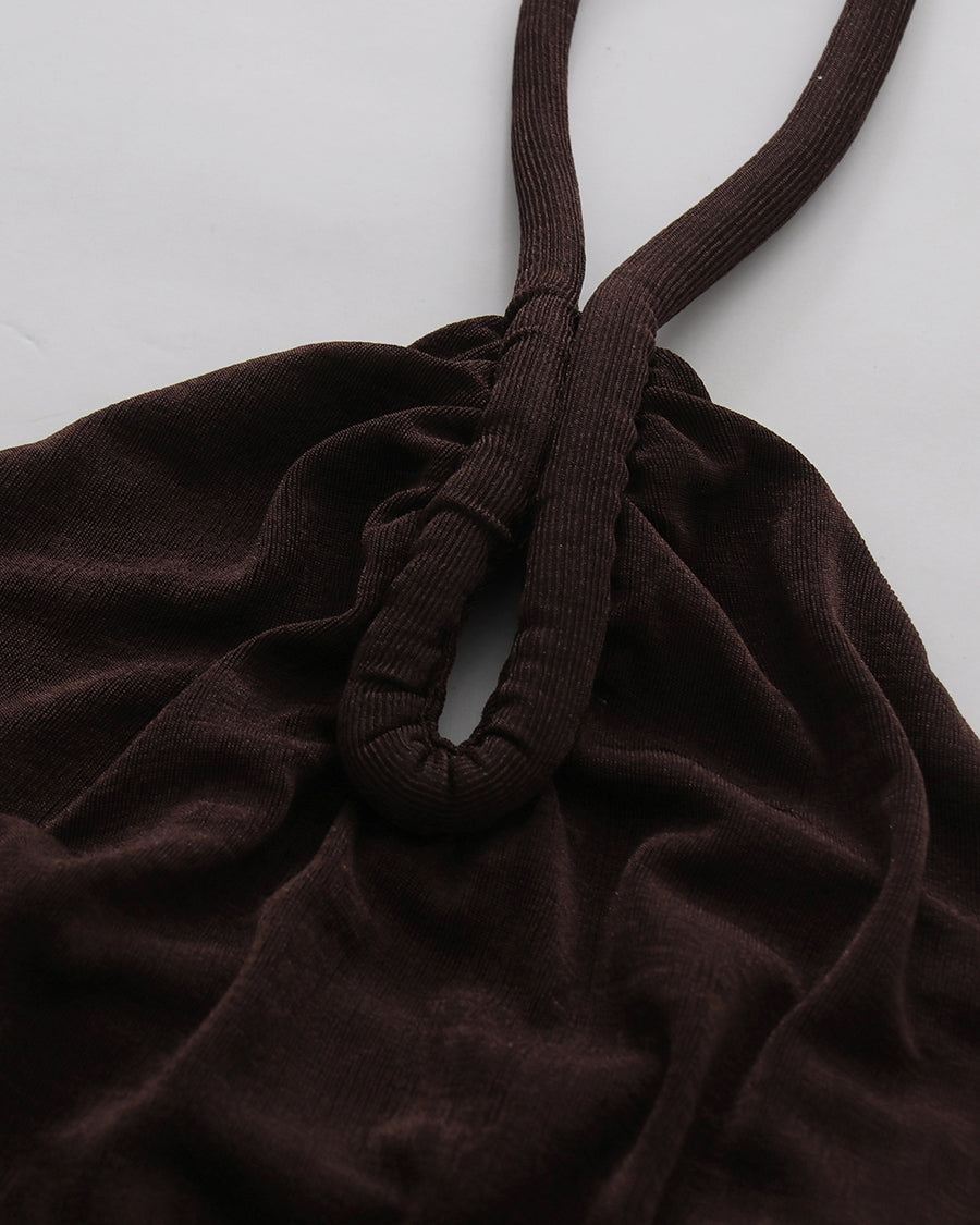 Coffee Halter Neck Twist Knot Ruched High Slit Dress