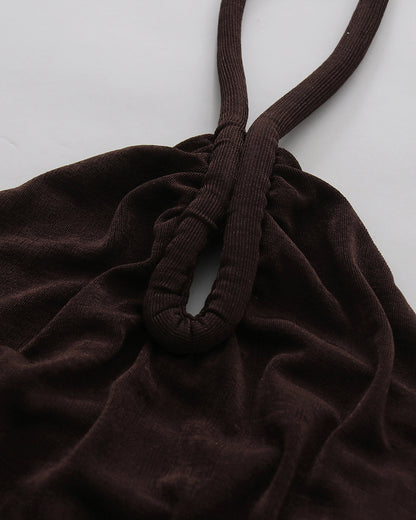 Coffee Halter Neck Twist Knot Ruched High Slit Dress
