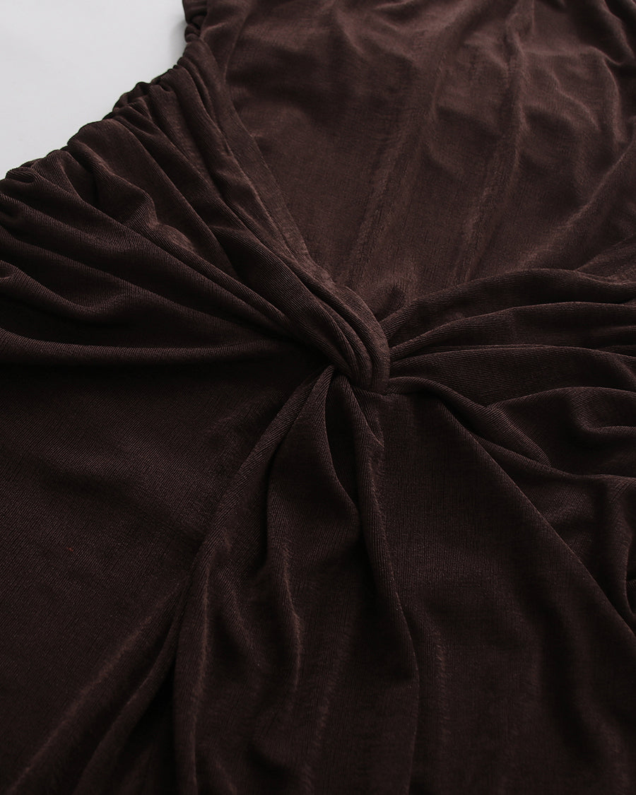Coffee Halter Neck Twist Knot Ruched High Slit Dress
