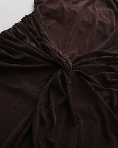 Coffee Halter Neck Twist Knot Ruched High Slit Dress