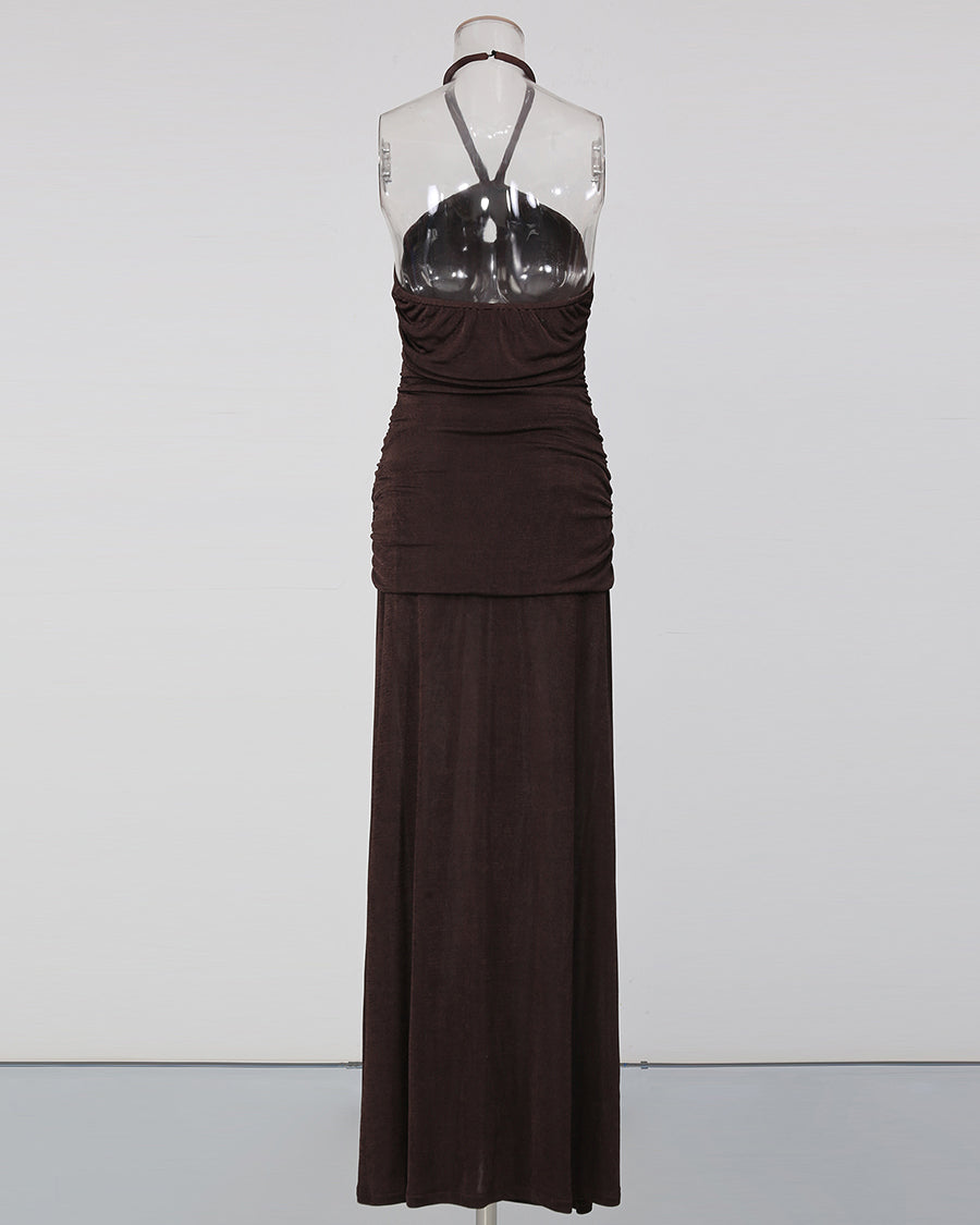 Coffee Halter Neck Twist Knot Ruched High Slit Dress