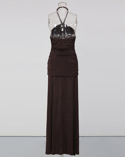 Coffee Halter Neck Twist Knot Ruched High Slit Dress