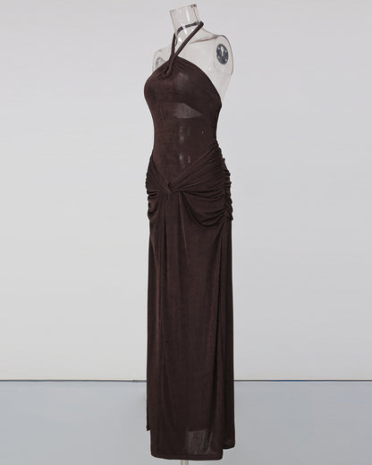Coffee Halter Neck Twist Knot Ruched High Slit Dress
