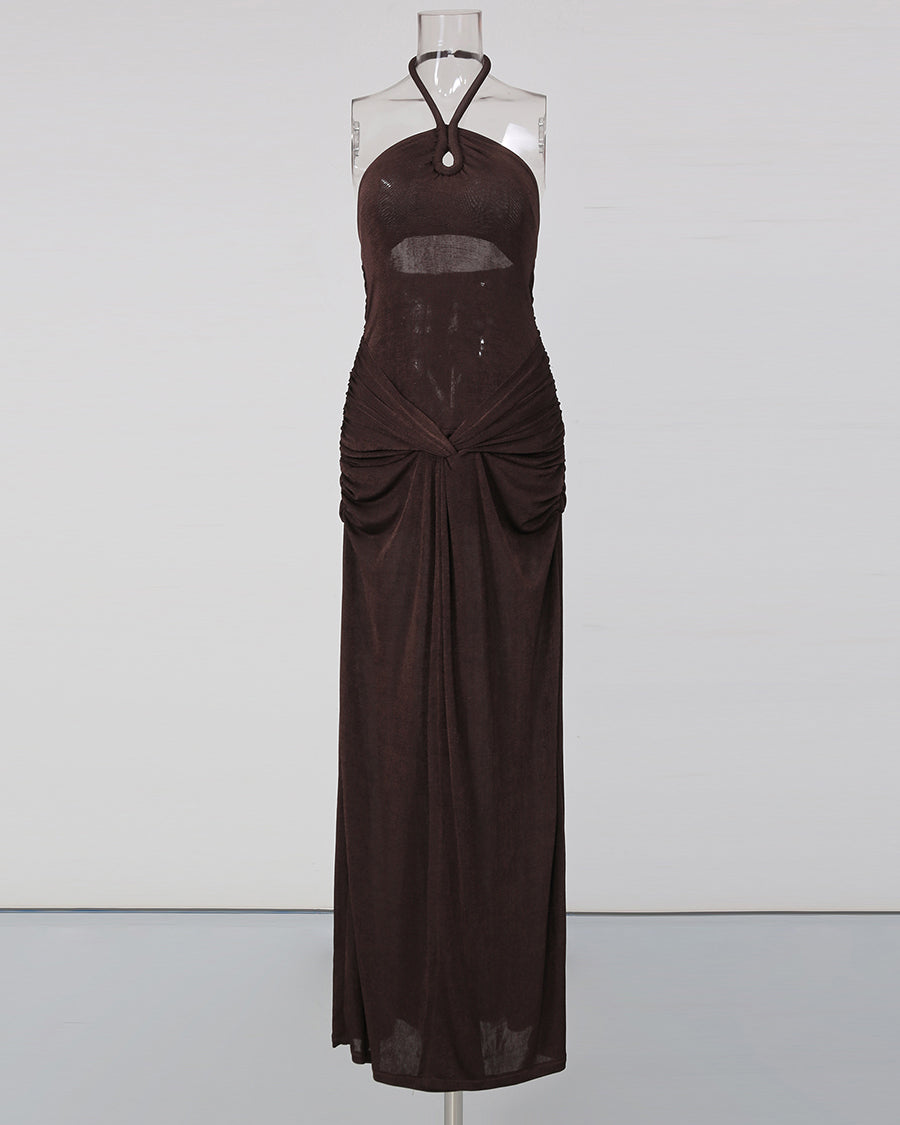 Coffee Halter Neck Twist Knot Ruched High Slit Dress