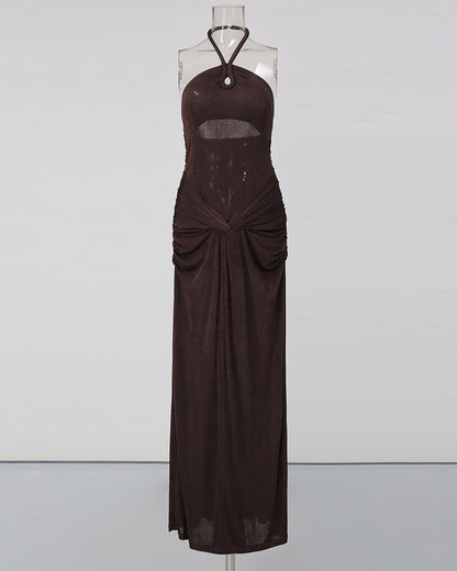 Coffee Halter Neck Twist Knot Ruched High Slit Dress