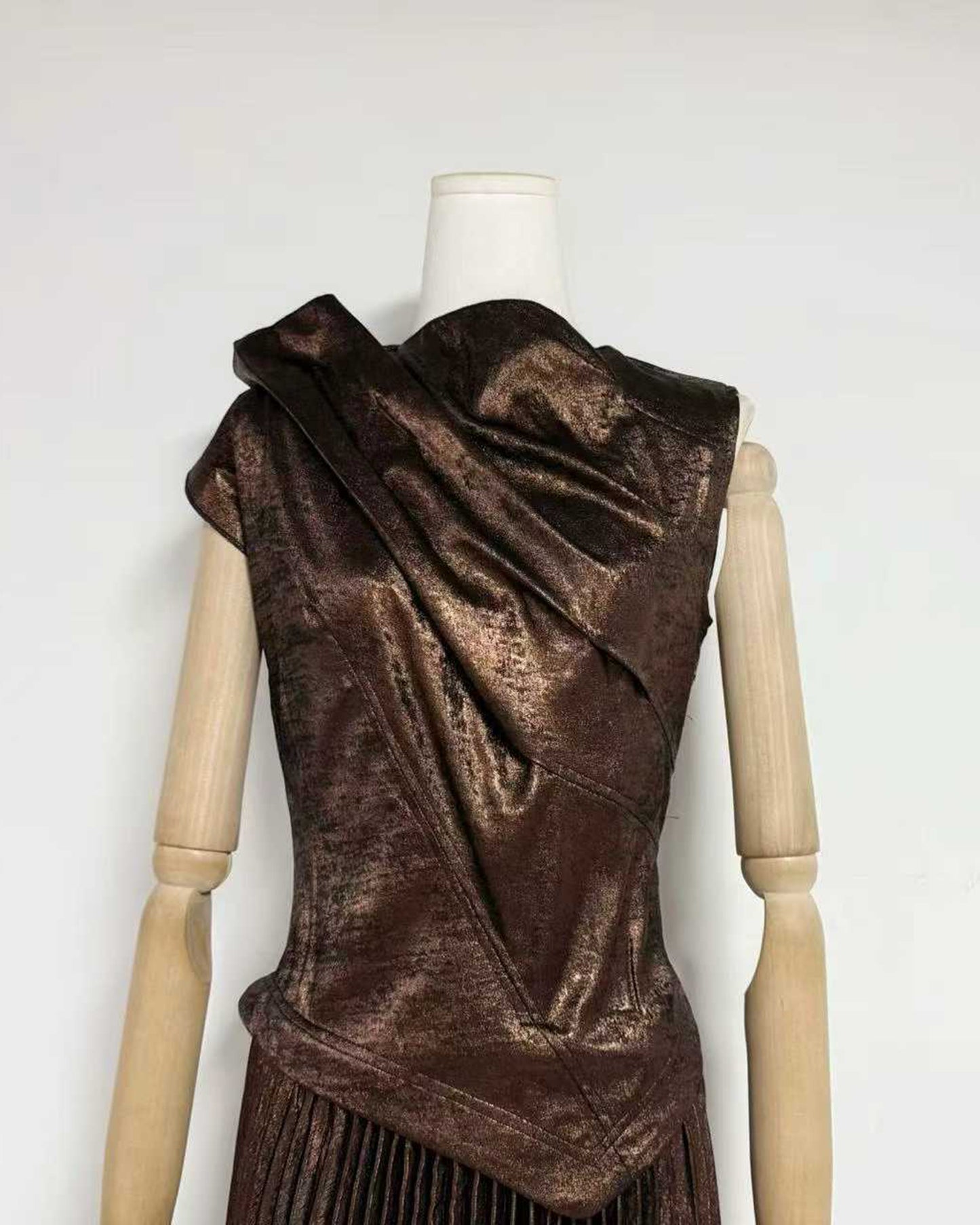 Coffee Metallic Pleated Tunic Maxi Dress