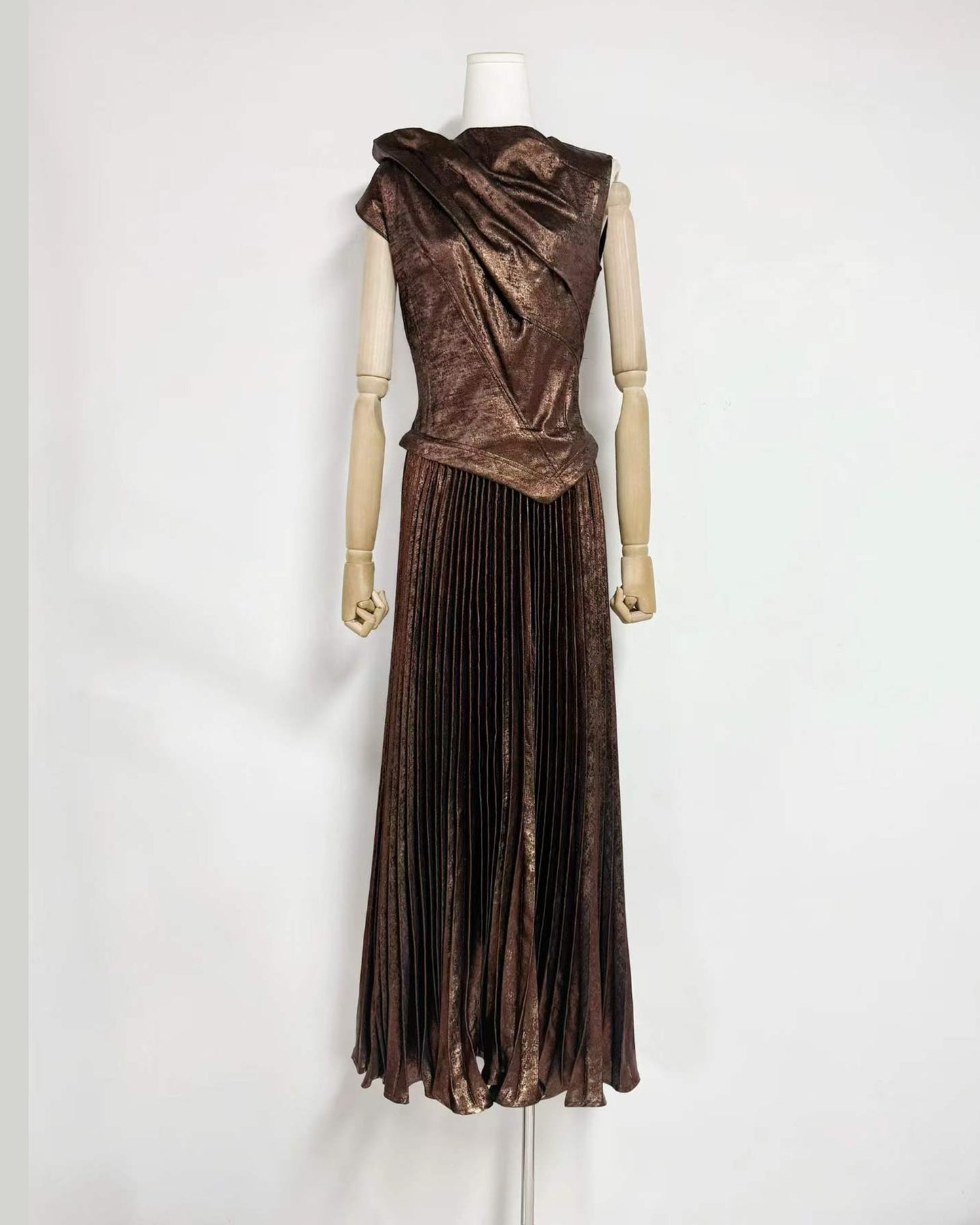 Coffee Metallic Pleated Tunic Maxi Dress