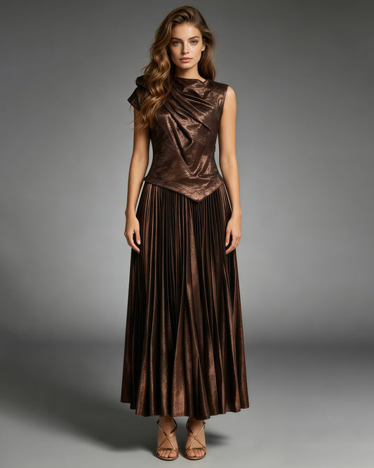 Coffee Metallic Pleated Tunic Maxi Dress