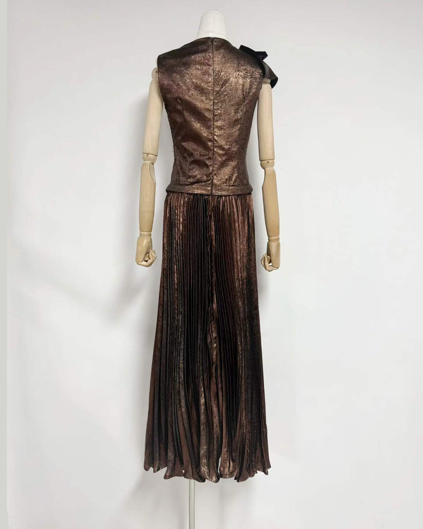 Coffee Metallic Pleated Tunic Maxi Dress
