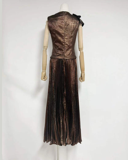 Coffee Metallic Pleated Tunic Maxi Dress