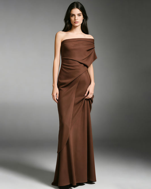 Coffee Off-Shoulder Asymmetry Ruched Maxi Dress