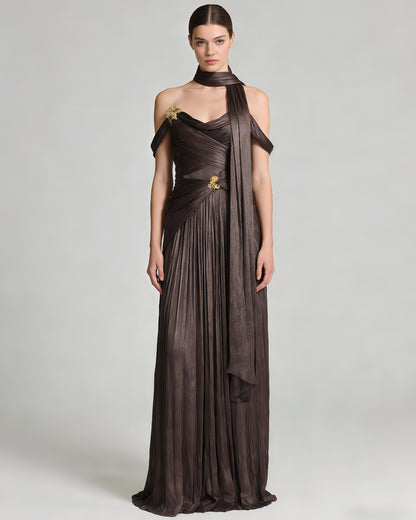 Coffee Off-Shoulder Gold Accent Ruched Maxi Dress