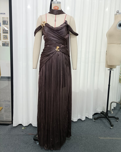 Coffee Off-Shoulder Gold Accent Ruched Maxi Dress