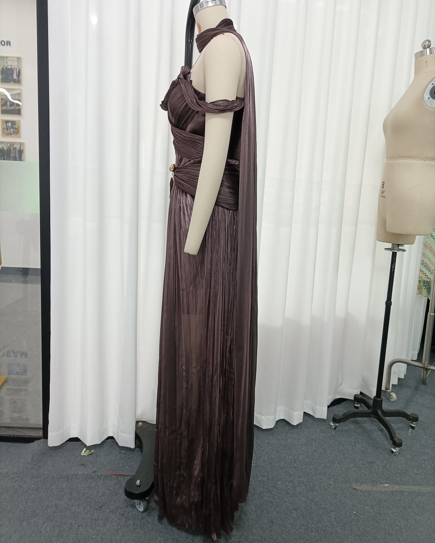 Coffee Off-Shoulder Gold Accent Ruched Maxi Dress