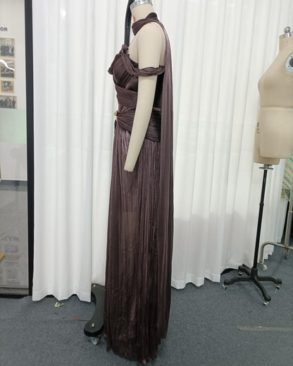 Coffee Off-Shoulder Gold Accent Ruched Maxi Dress
