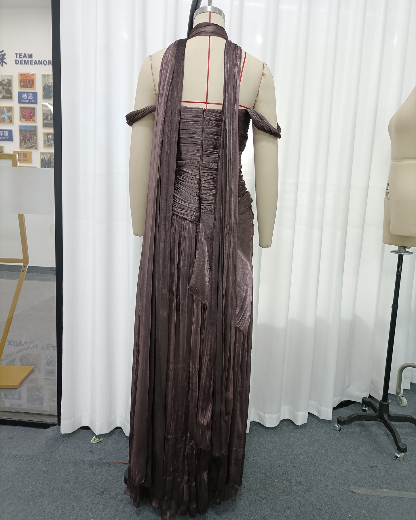 Coffee Off-Shoulder Gold Accent Ruched Maxi Dress
