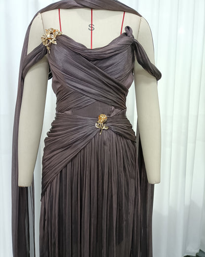 Coffee Off-Shoulder Gold Accent Ruched Maxi Dress