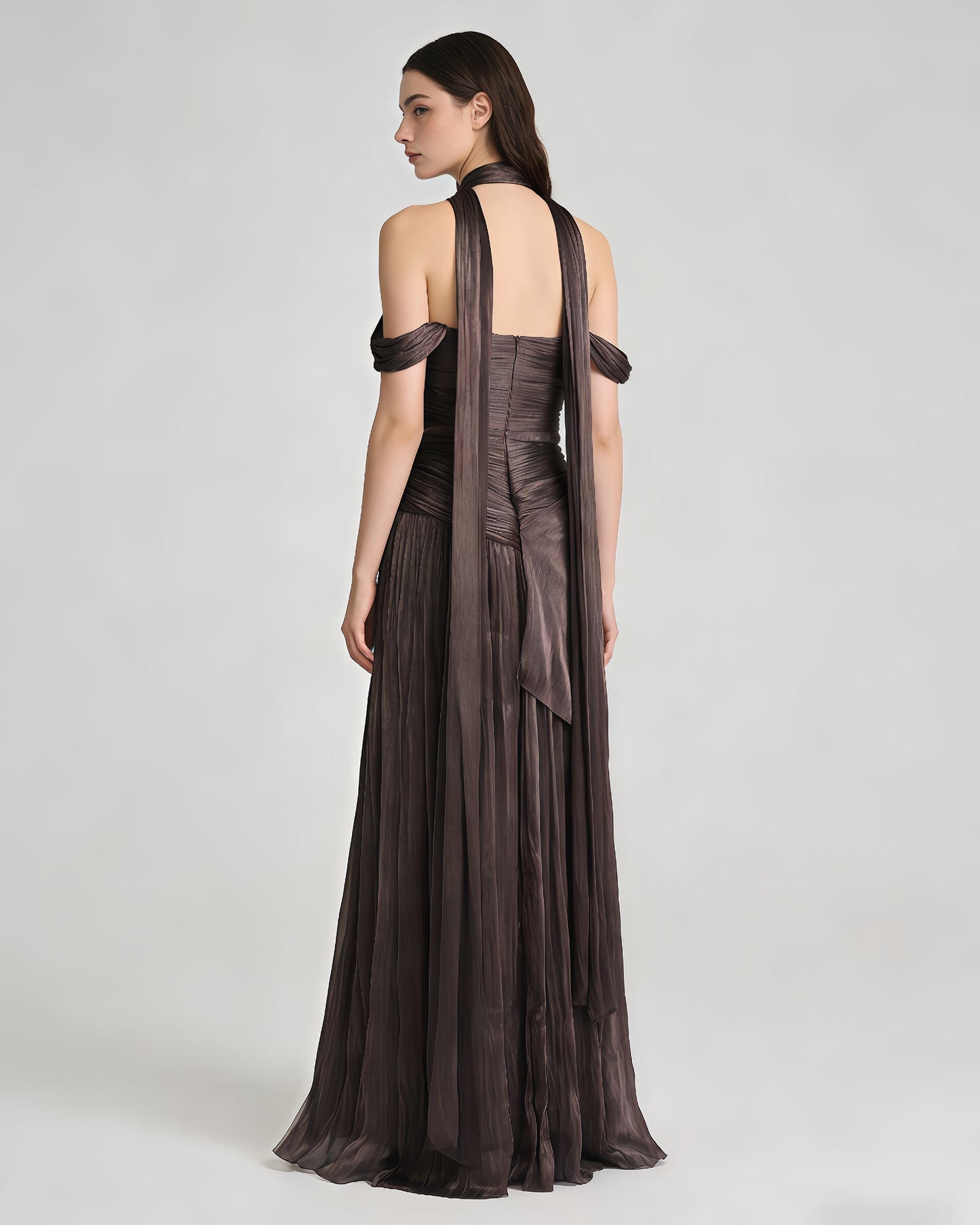 Coffee Off-Shoulder Gold Accent Ruched Maxi Dress