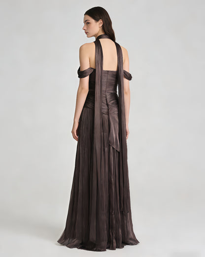 Coffee Off-Shoulder Gold Accent Ruched Maxi Dress