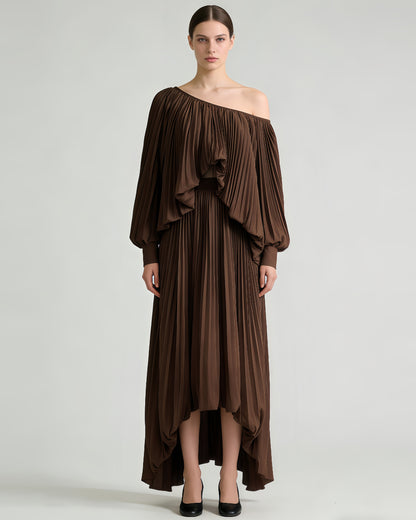 Coffee Off-Shoulder Pleated Two-Piece Dress