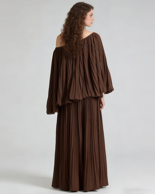Coffee Off-Shoulder Pleated Two-Piece Dress