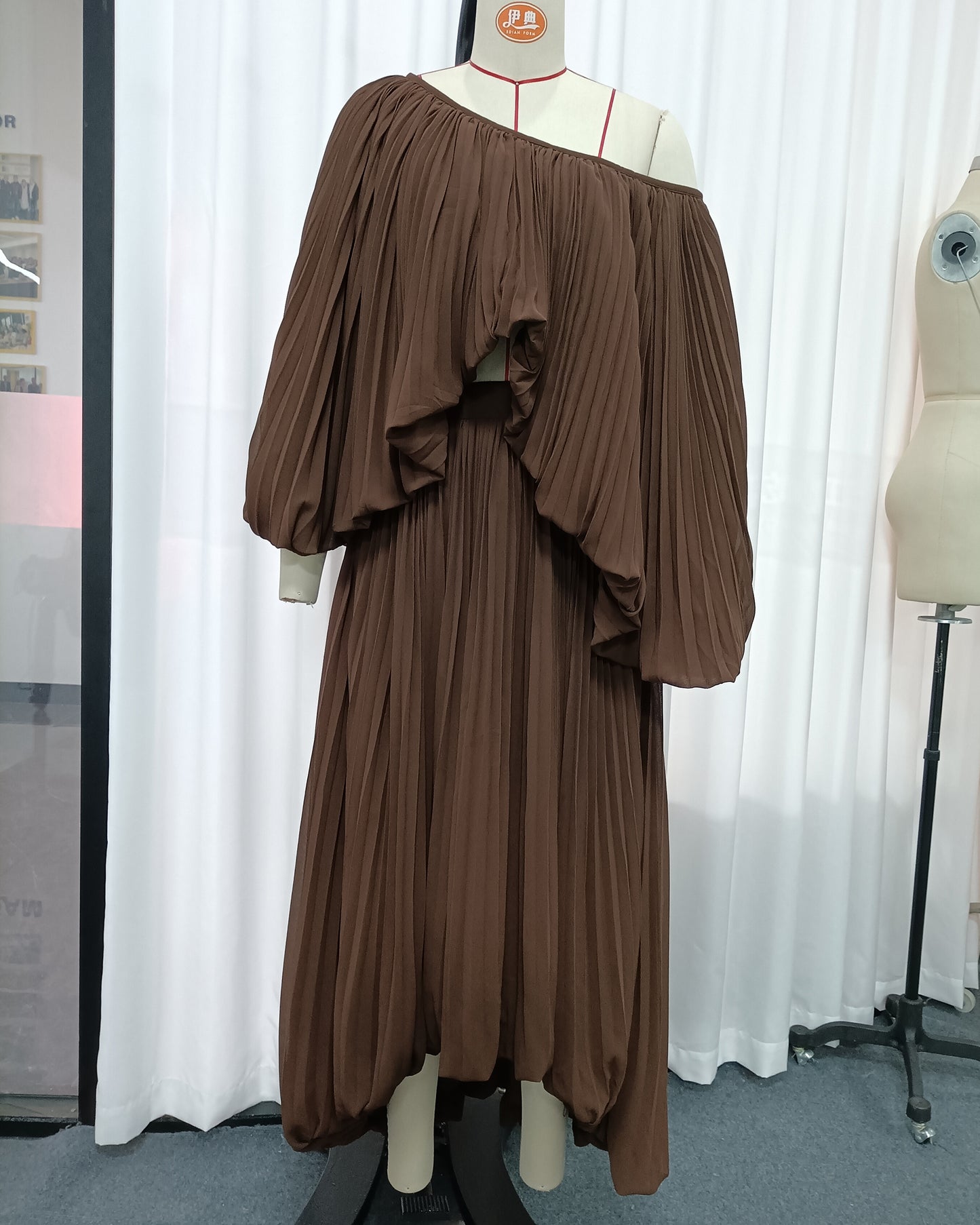 Coffee Off-Shoulder Pleated Two-Piece Dress