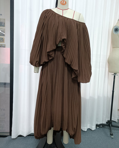 Coffee Off-Shoulder Pleated Two-Piece Dress