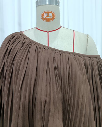 Coffee Off-Shoulder Pleated Two-Piece Dress