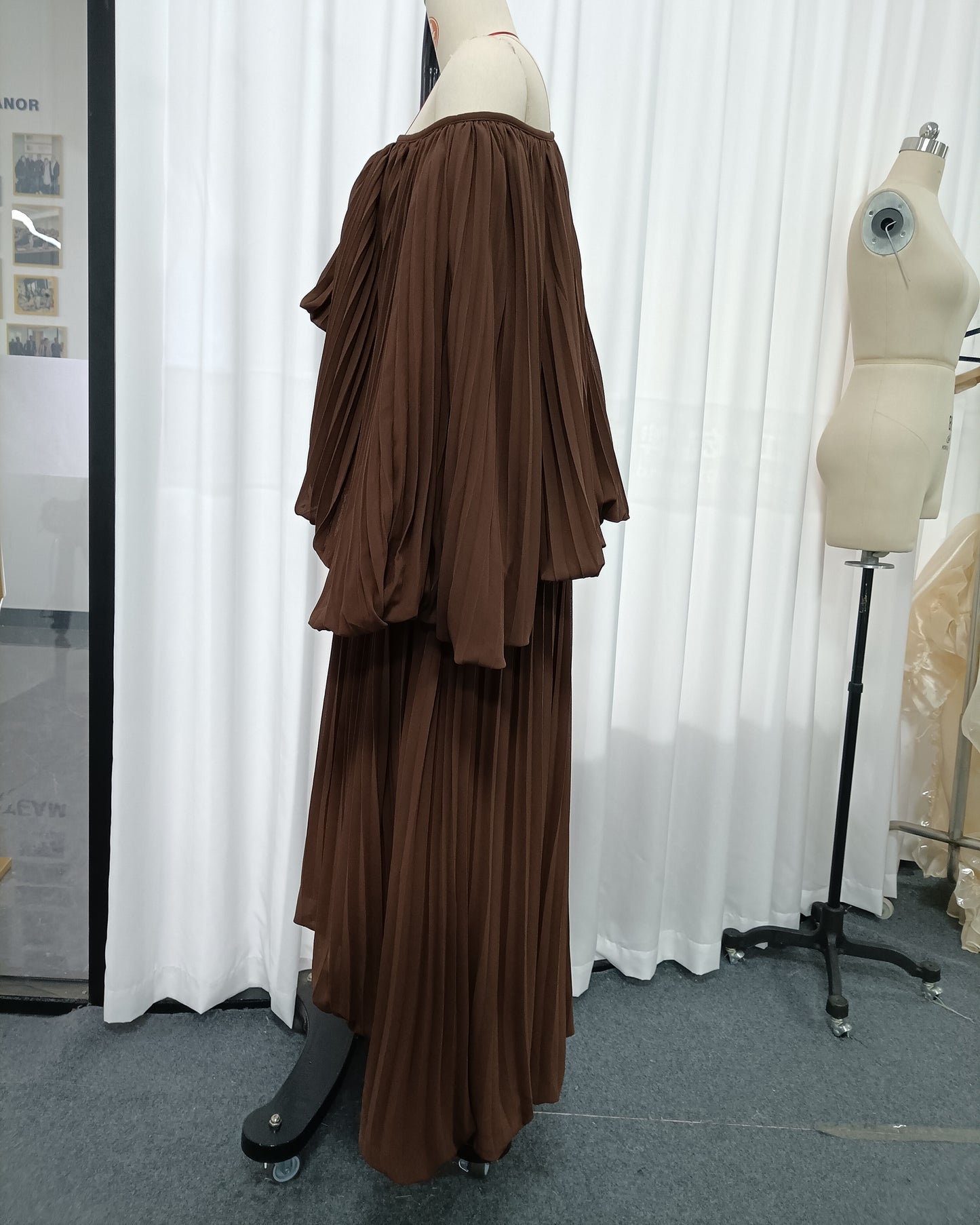 Coffee Off-Shoulder Pleated Two-Piece Dress