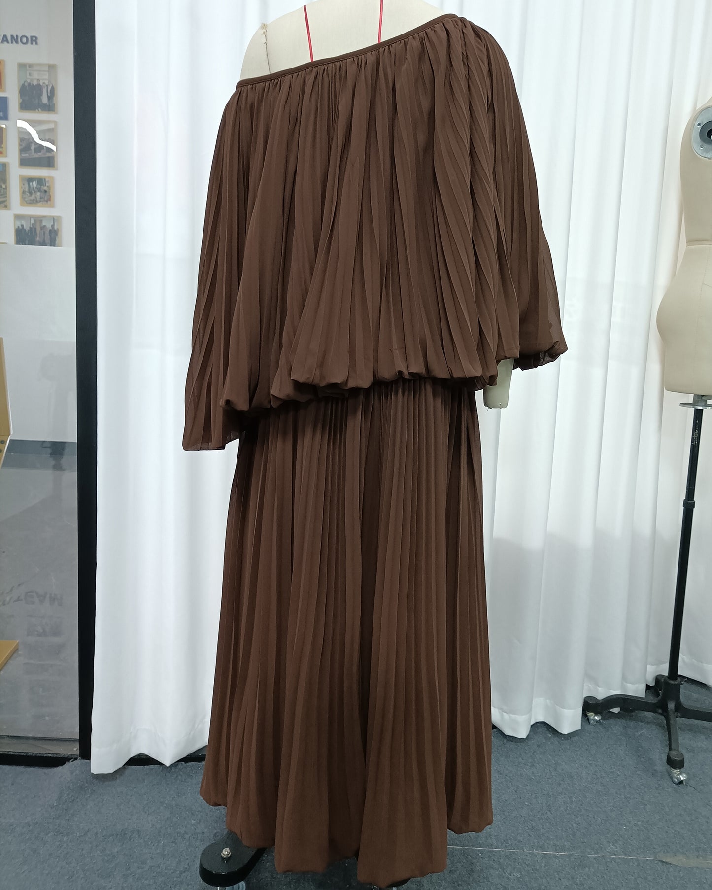 Coffee Off-Shoulder Pleated Two-Piece Dress