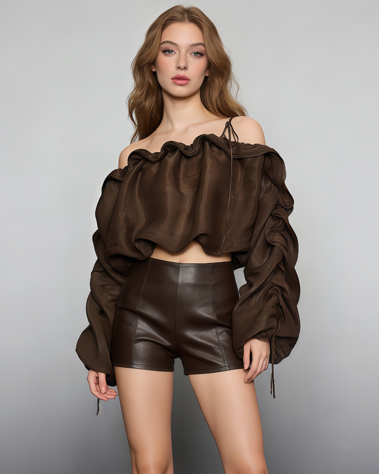 Coffee Off-Shoulder Ruched Puff Sleeve Cropped Top