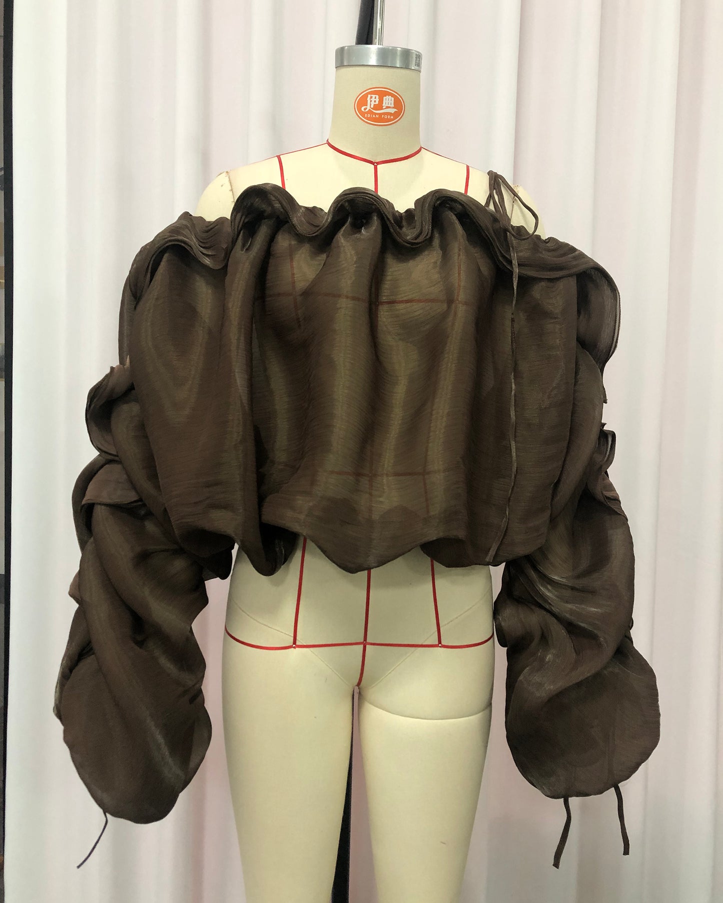 Coffee Off-Shoulder Ruched Puff Sleeve Cropped Top